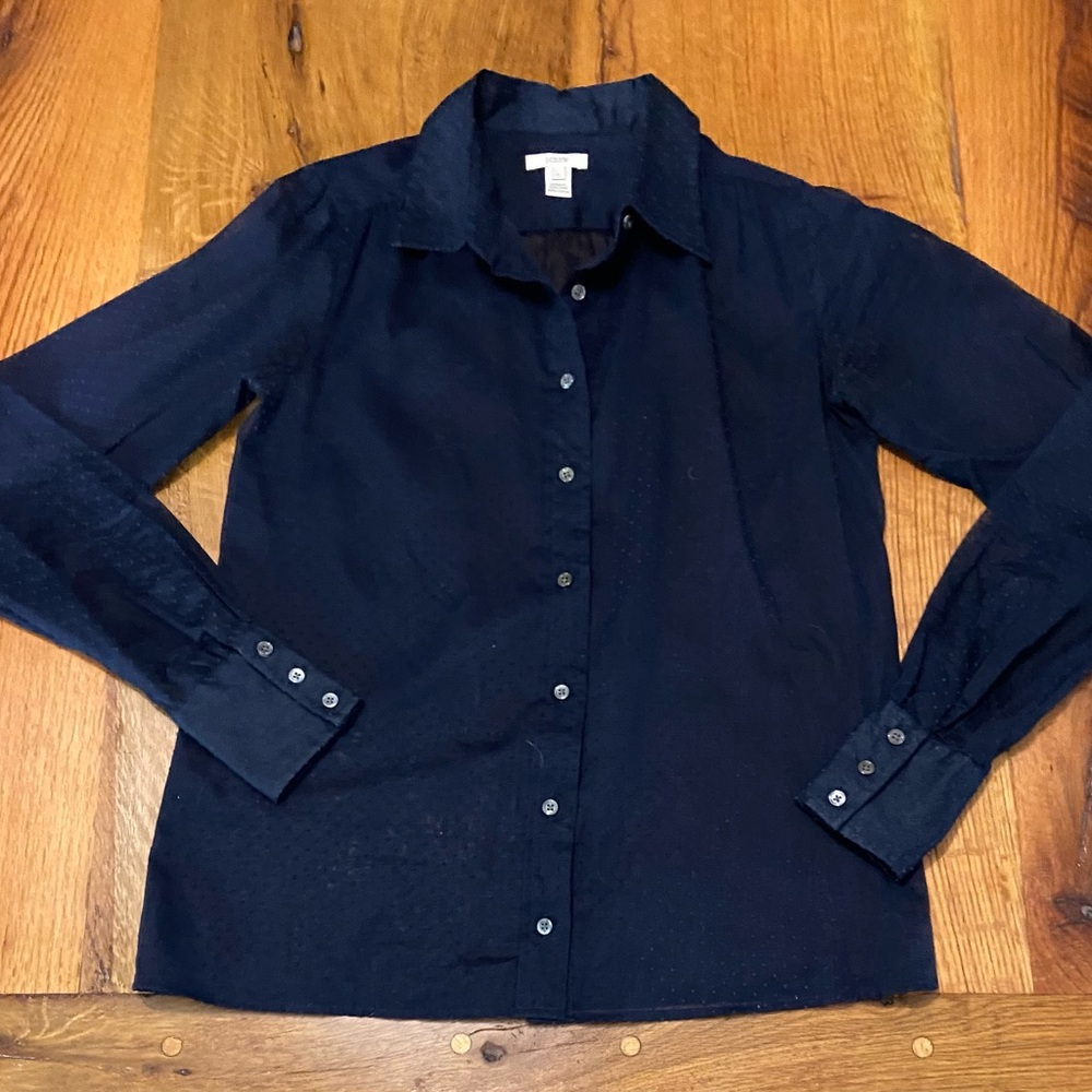 J. Crew 100% Cotton Classic Sheer Navy Blue Swiss Dot Button Up Blouse, Size 0